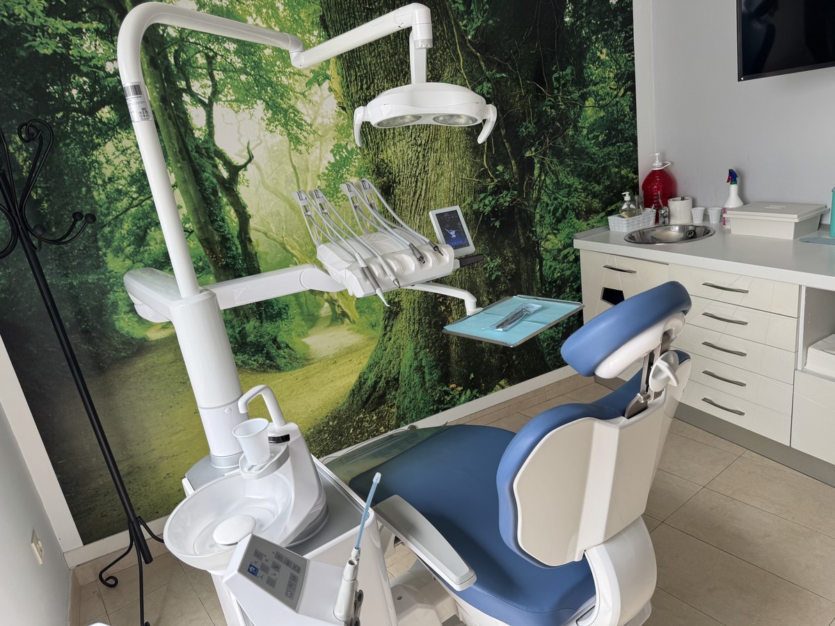 Gabinete dental con mural de bosque en la Clínica Dental Virgen de la Antigua